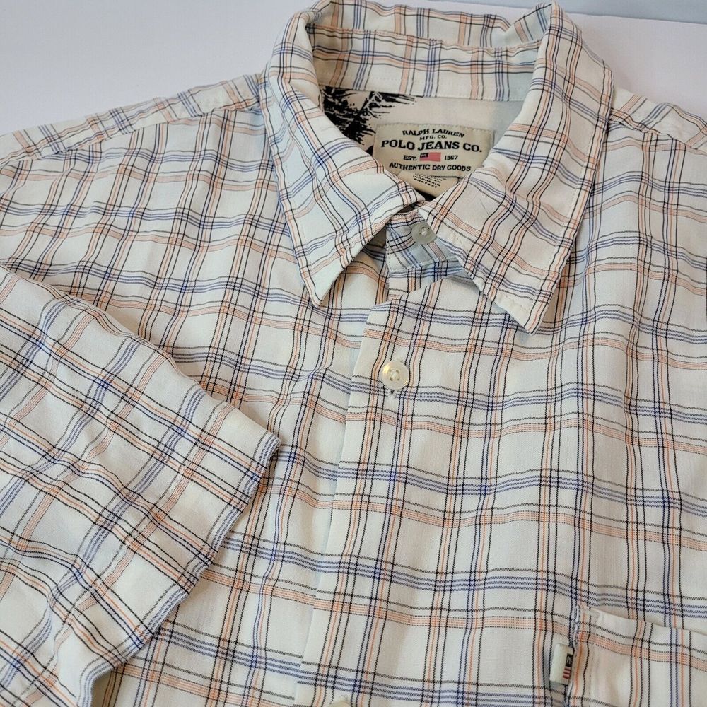 Polo Jeans Co Button Up Shirt Men XL White Blue Plaid Rayon Short Sleeve Excllnt